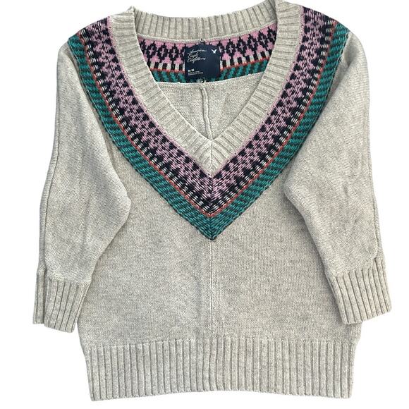 American Eagle V-Neck Fair Isle Sweater Women's Medium Wool Blend Cropped Grey - Picture 1 of 5